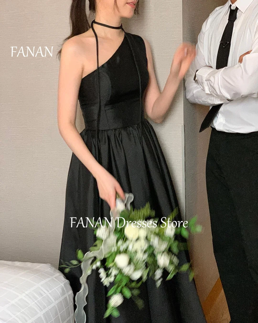 FANAN One-Shoulder A-Line Evening Party Dresses Black Korea Customized Elegant Women Formal Gowns Event Prom Gowns