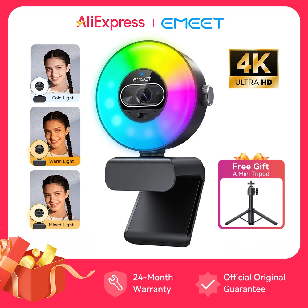 4K Webcam Light Control 1080P 60fps Autofocus Video Camera EMEET S600 Light USB Camera 8MP Streaming Web Camera for PC/Computer
