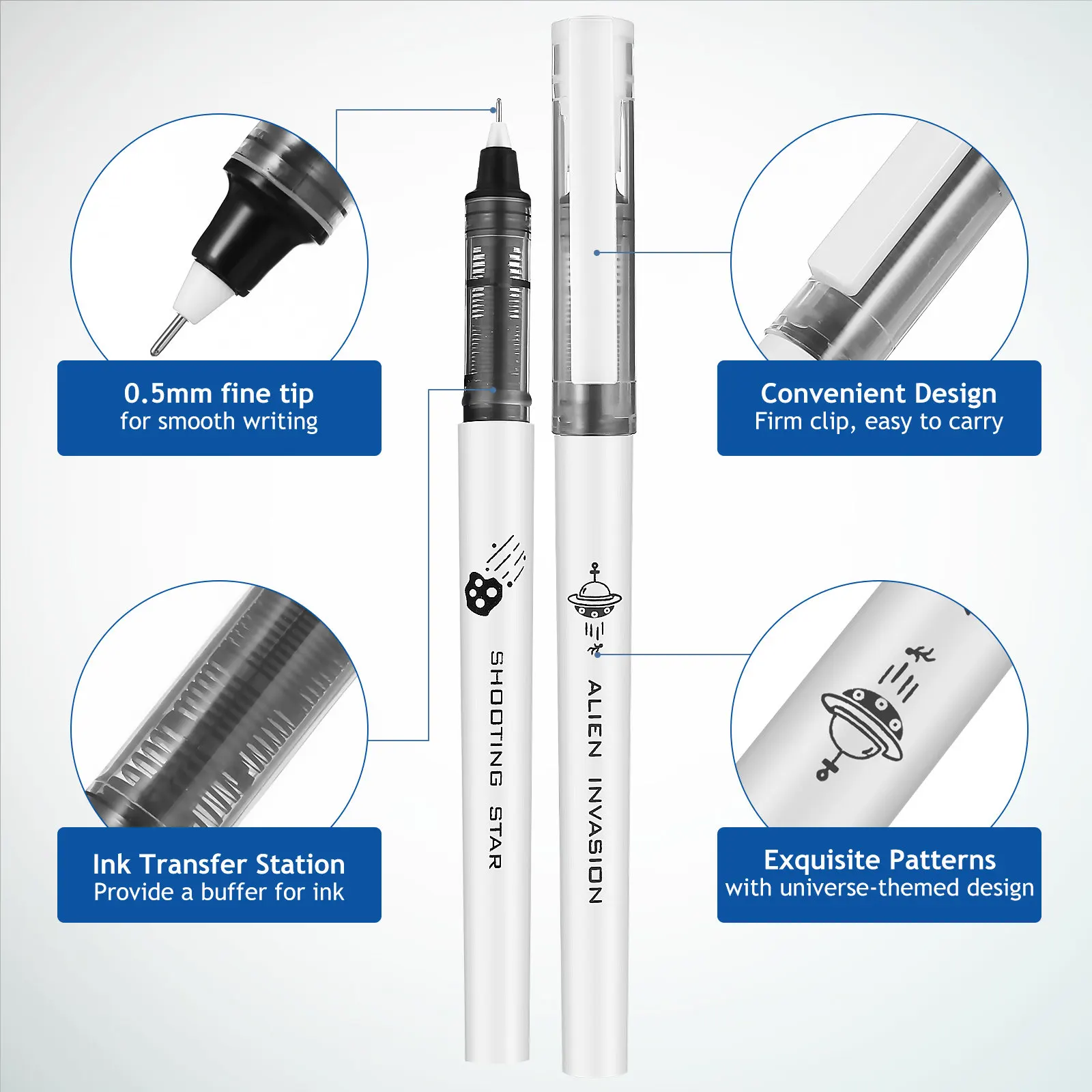 

Набор из 6 ручек с жидкими чернилами, узор «Туманность», точный наконечник 0,5 мм, быстросохнущие чернила для детализированной записи, рисования и заметок