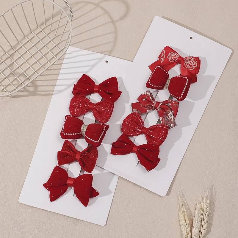 5Pcs/Set New Year Red Bow Hair Clips Set for Baby Girls Lucky Red Hairpins for Kid Fashion Children Hair Accessories Photo Props