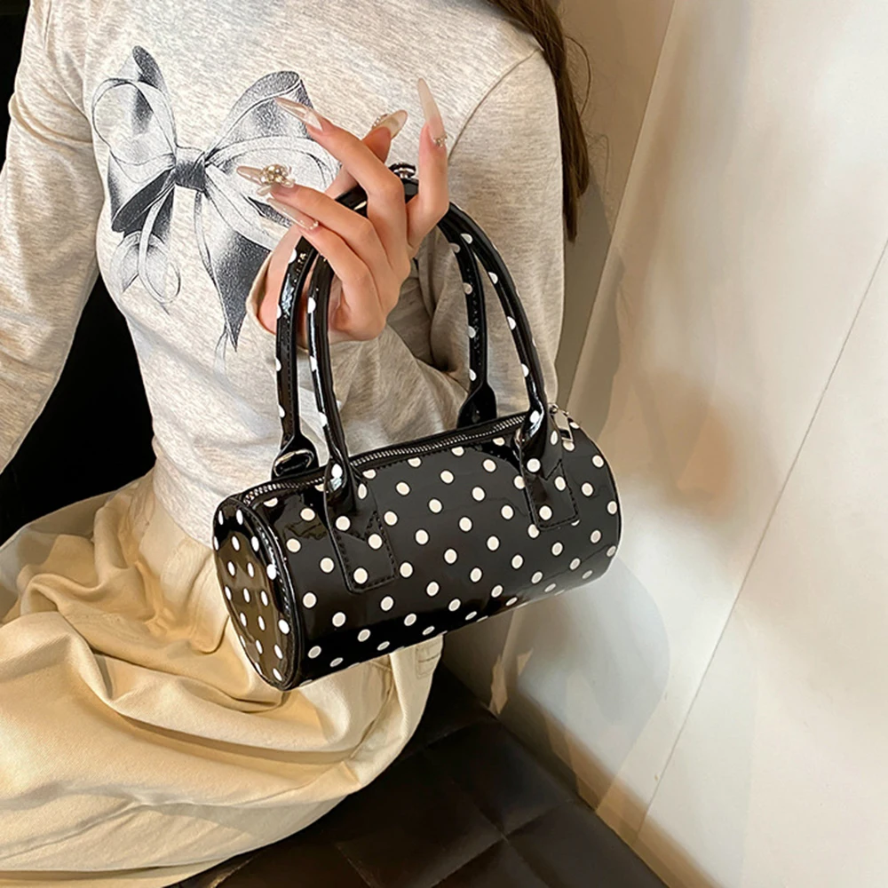 

PU Leather Women Cylindrical Bag Versatile Waterproof Polka Dot Handbag Adjustable Strap Korean Style Crossbody Bag Shopping