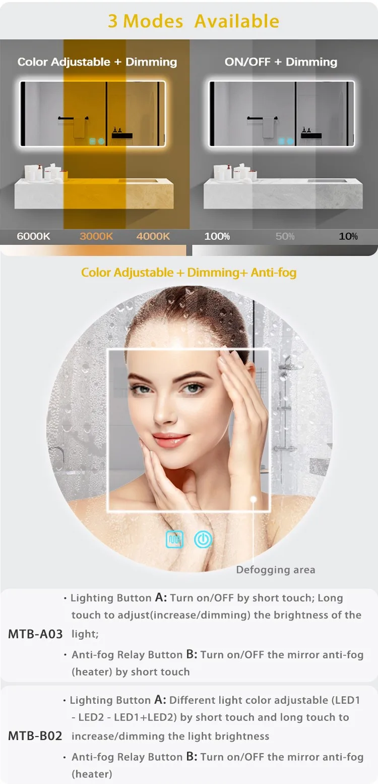 Badezimmerspiegel mit Touch-Dimmung, doppelter Touch-Bedienung zur Entnebelung, kapazitivem Touch-Sensor-Schalter – Detail 5