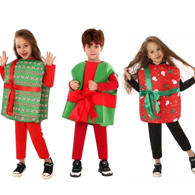 Kids Christmas Gift Boxes Cosplay Costumes Santa Claus Gift Box Stage Performance Outfit Xmas Boys Girls Dress Up School Party