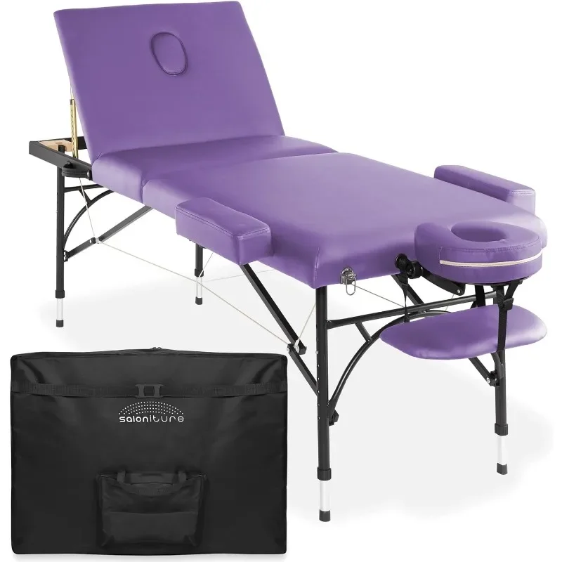 Professional Portable Lightweight Tri-Fold Massage Table with Aluminum Legs - Includes Headrest, Face Cradle, Armrests