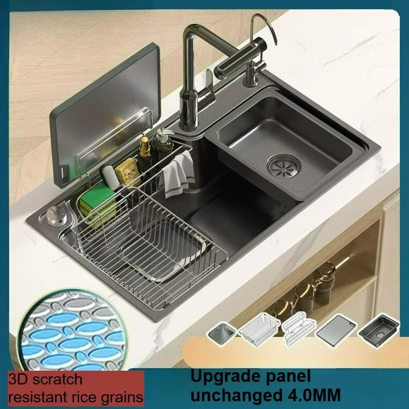 Nano Kitchen Sink Small Rice Grain Embossed Stainless Steel Equipped with Digital Faucet Grey/Silver Large Single Sink Sink