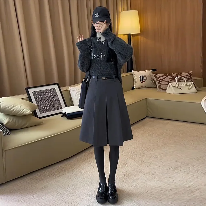 

Шерстяная плиссированная юбка для женщин, новая осенне-зимняя модель с высокой талией, прикрывающая бедра, юбка А-силуэта, в студенческом стиле, облегающая.