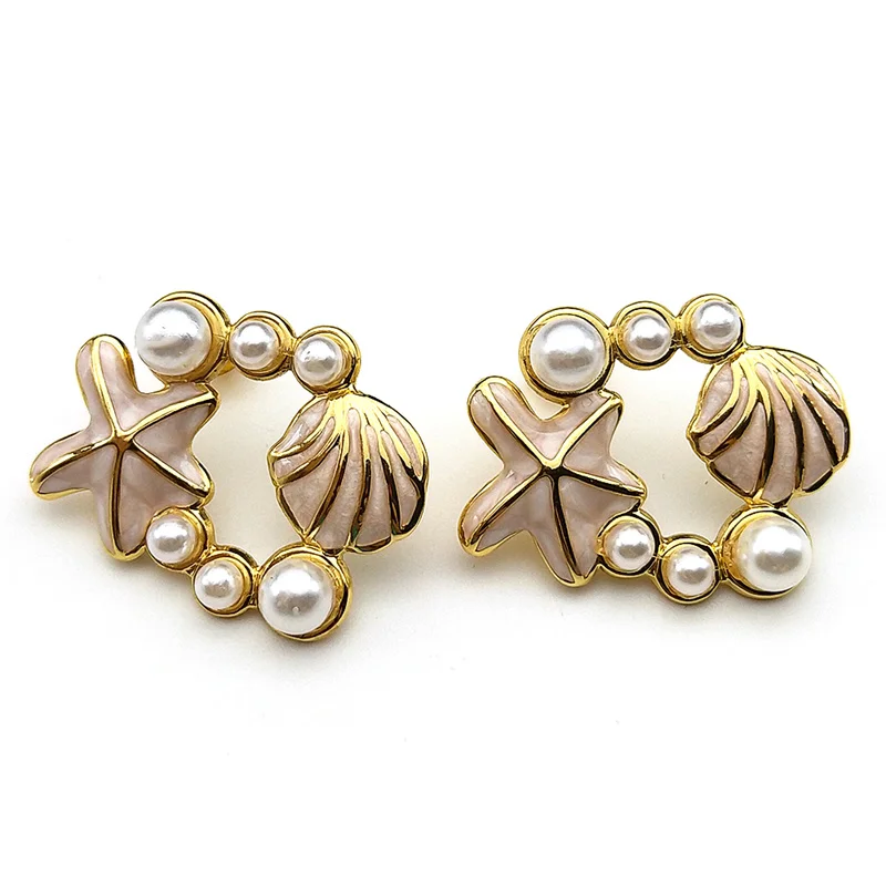 موضة شل نجم البحر وأقراط للنساء الذهب اللون الفولاذ المقاوم للصدأ تقليد اللؤلؤ الصيف الشاطئ هوب أقراط مجوهرات #5