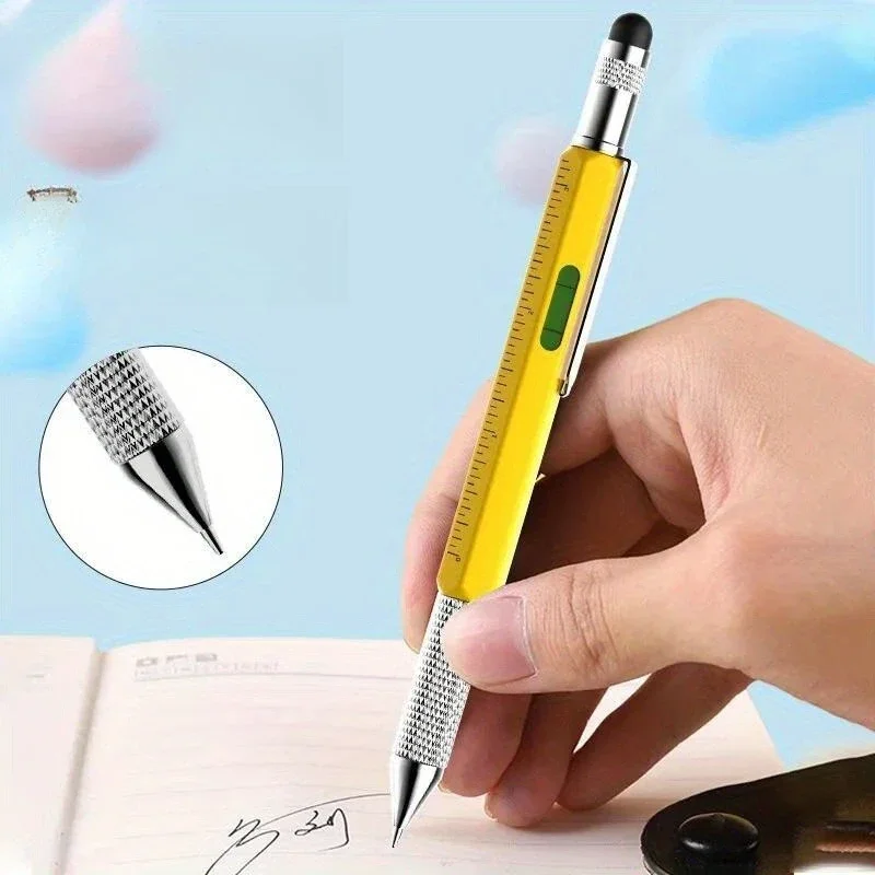 6 In 1 Multifunctional Tool Pen Scale Level Gauge Screwdriver Capacitor Head Handwriting Rotary Metal Tool Smooth Ballpoint Pen
