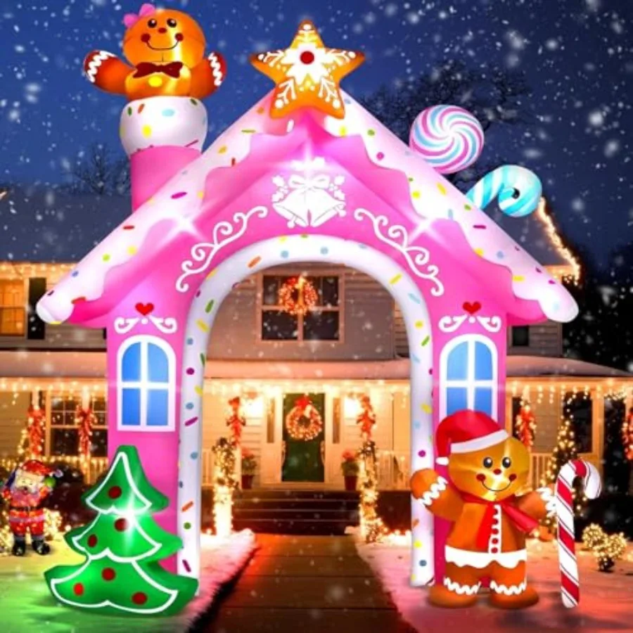 Outdoor Christmas inflatable archway: gingerbread man design, pink, 12FT, built-in LED lights, weather-resistant PVC material f