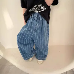 2024 Spring New Children Striped Denim Trousers Baby Boys Casual Pants Toddler Girls Wide Leg Pants Kids Fashion Loose Jeans