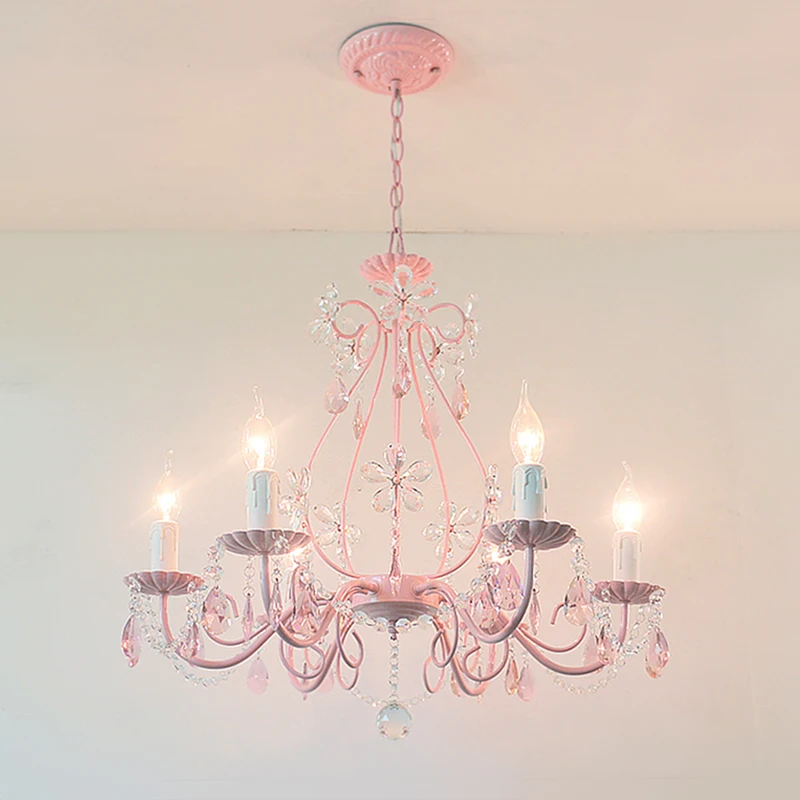 French-style children's room bedroom chandelier romantic girl princess room Korean light pink crystal country LED pendent lamp