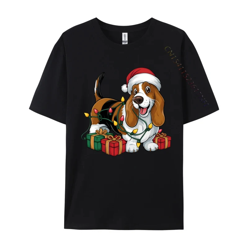 

Xmas Lighting Santa Hat Basset Hound Dog Christmas T-Shirts Tee Shirt Classic Short Sleeve Tops Classic
