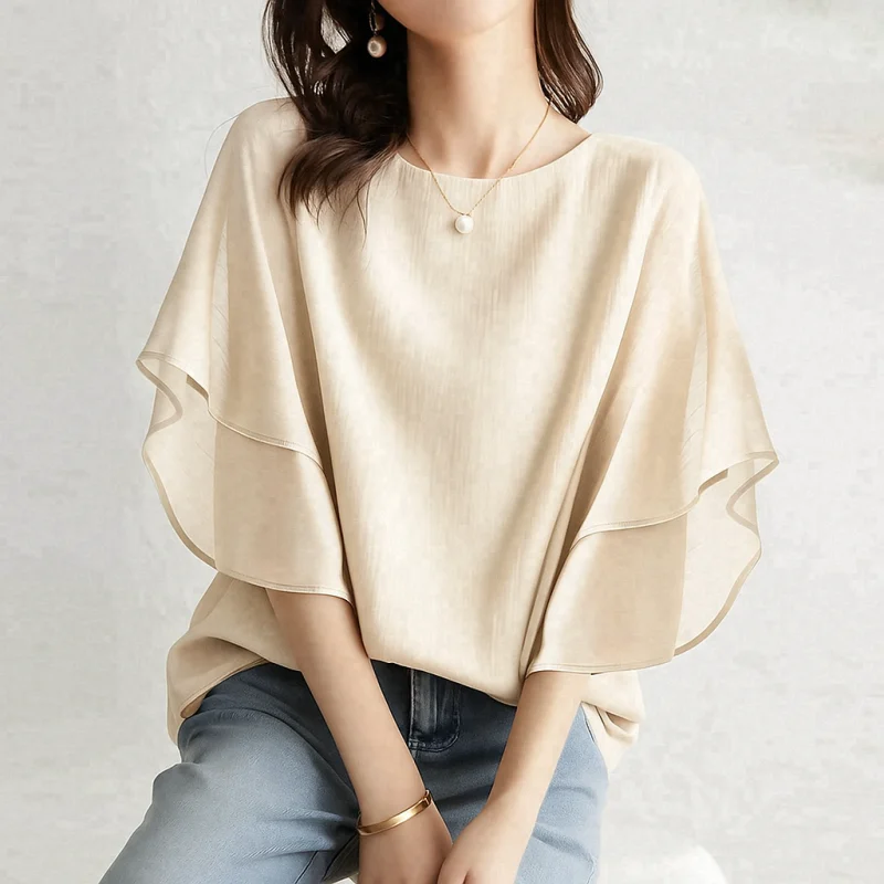 Sweet Lightweight Summer Batwing Sleeve Top Loose round Neck Versatile Chiffon T-Shirt Japanese Style Standard Fit Daily Wear