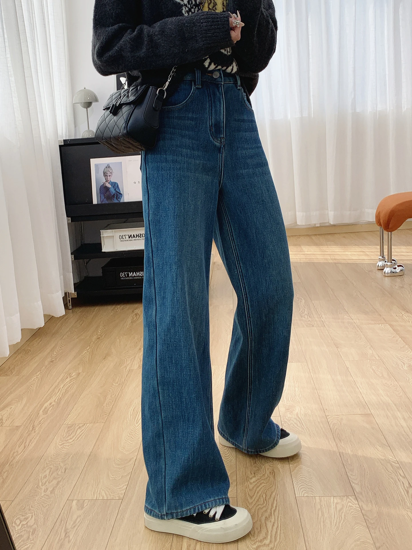 

Ультратонкие женские джинсы с высокой талией, утепленные, зимние, свободные, прямые, широкие брюки, повседневные, эластичные, из мягкого хлопка