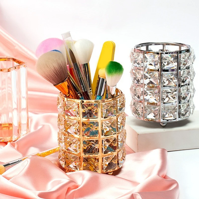 European Style Metal Makeup Brush Storage Holder Eyebrow Pencil Organizer Bead Crystal Jar Jewelry Diamond Cosmetic Box