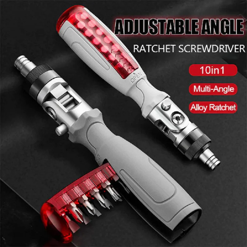 

10 In 1 Ratcheting Multitool Screwdriver Set Rotatable Multi Adjustable Angle Ratchet Screwdriver Driver Bits Repair Hand Tool