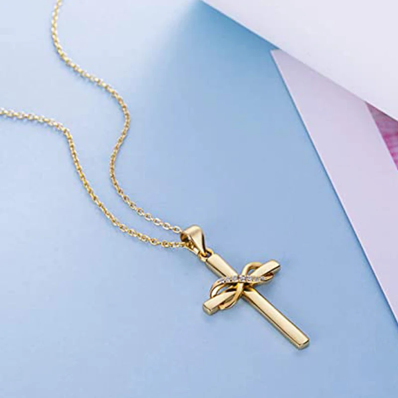 Huitan Cross with Infinity Sign Pendant Necklace for Women Simple Stylish Gold Color Neck Accessories Temperament Lady Jewelry