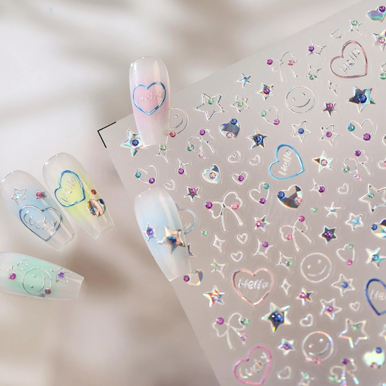 Laser Hot Gold 5D Nail Stickers Hollow Hello Letter Heart Smile Bow Pentagram Shiny Holographic Nail Decals Dopamine Decor DIY