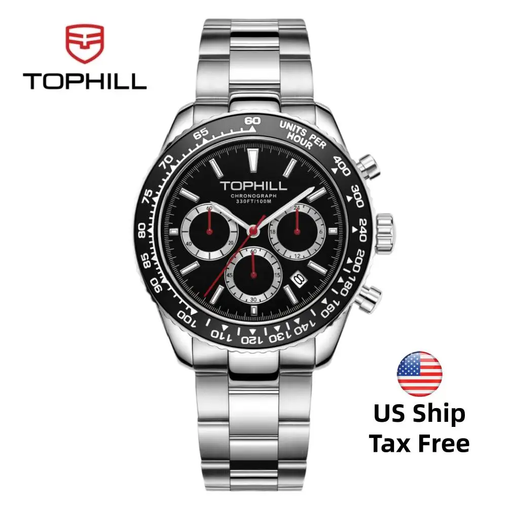TOPHILL Quartz Chronograph Men's Watch 41mm VD53 Fixed Aluminum Bezel Waterproof 100M Swimming Sapphire Glass Adjustable Folding Clasp C3 Luminous 4.5H Date Window TD013G