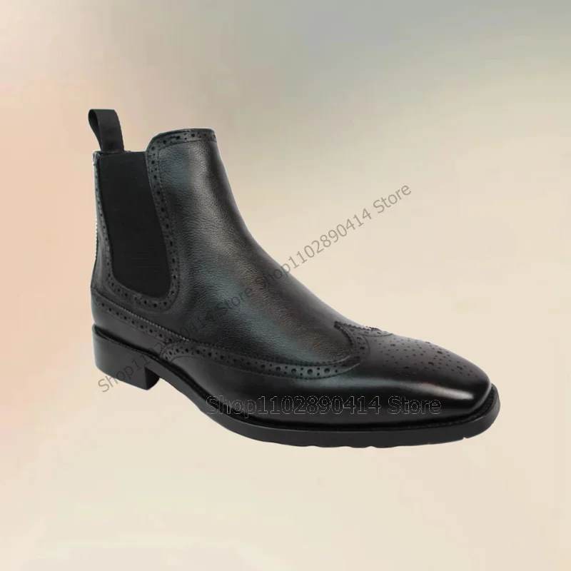 

Black Carving Design Matte Leather Ankle Boots Fashion Side Zipper Men Shoes Luxury Handmade Party Feast Office Men Dress Shoes