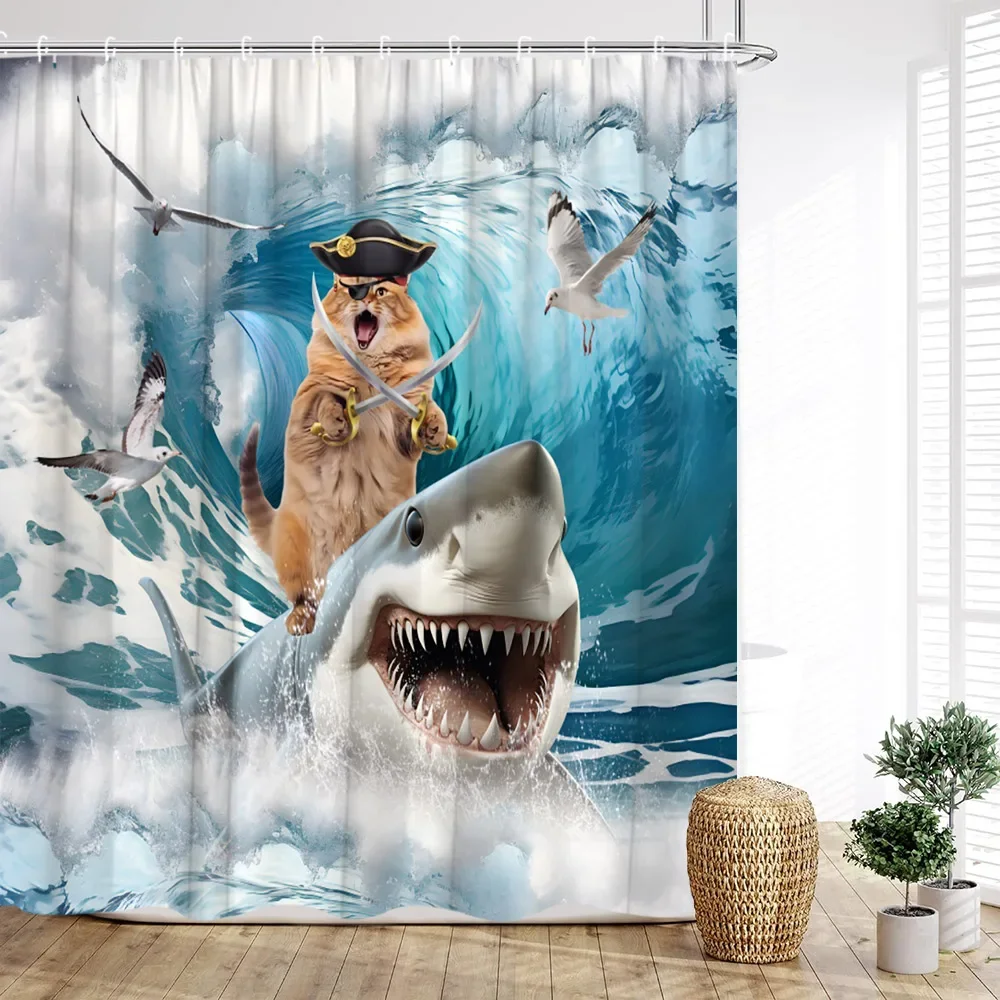 Funny Animal Shower Curtain Cat Riding Shark Dinosaur Ocean Waves Cow Turtle Coral Cartoon Cute Penguin Home Bathroom Decoration