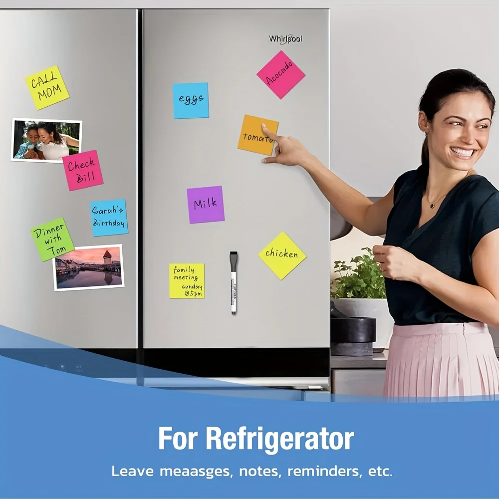 30 Reusable Magnetic Sticky Notes -7.5x7.5cm Color Erasable Label Whiteboard/Refrigerator Universal (Including 1 Pen)