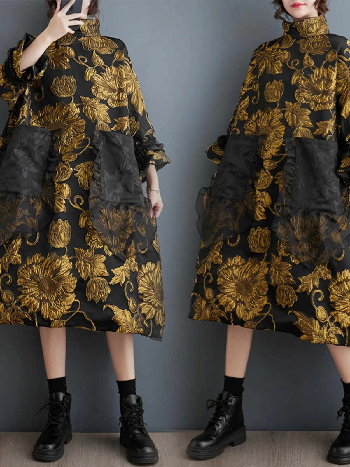 เดรสผู้หญิงทรงเอ แขนยาว ลายปักดอกไม้ สองชั้น สำหรับฤดูใบไม้ร่วงและฤดูหนาว ทรงหลวม เอวสูง ดีไซน์เกาหลี ช่วยพรางหุ่น