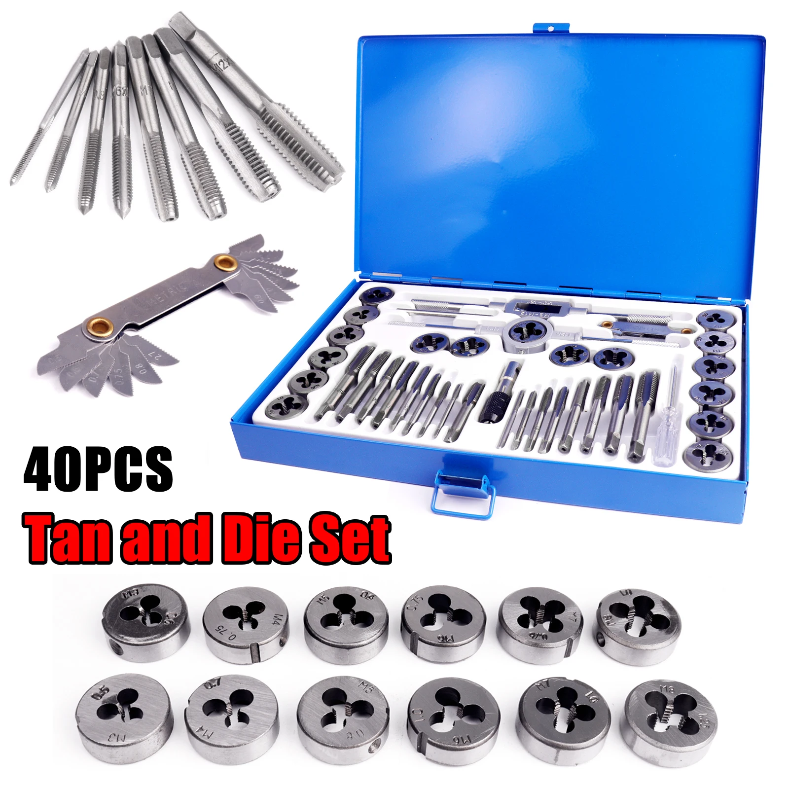 Multifunction Tap and Die Set 40Pcs M3-M12 Metric Screw Thread Plugs Hand Screw Taps Straight Taper Tapping and Thread Tools