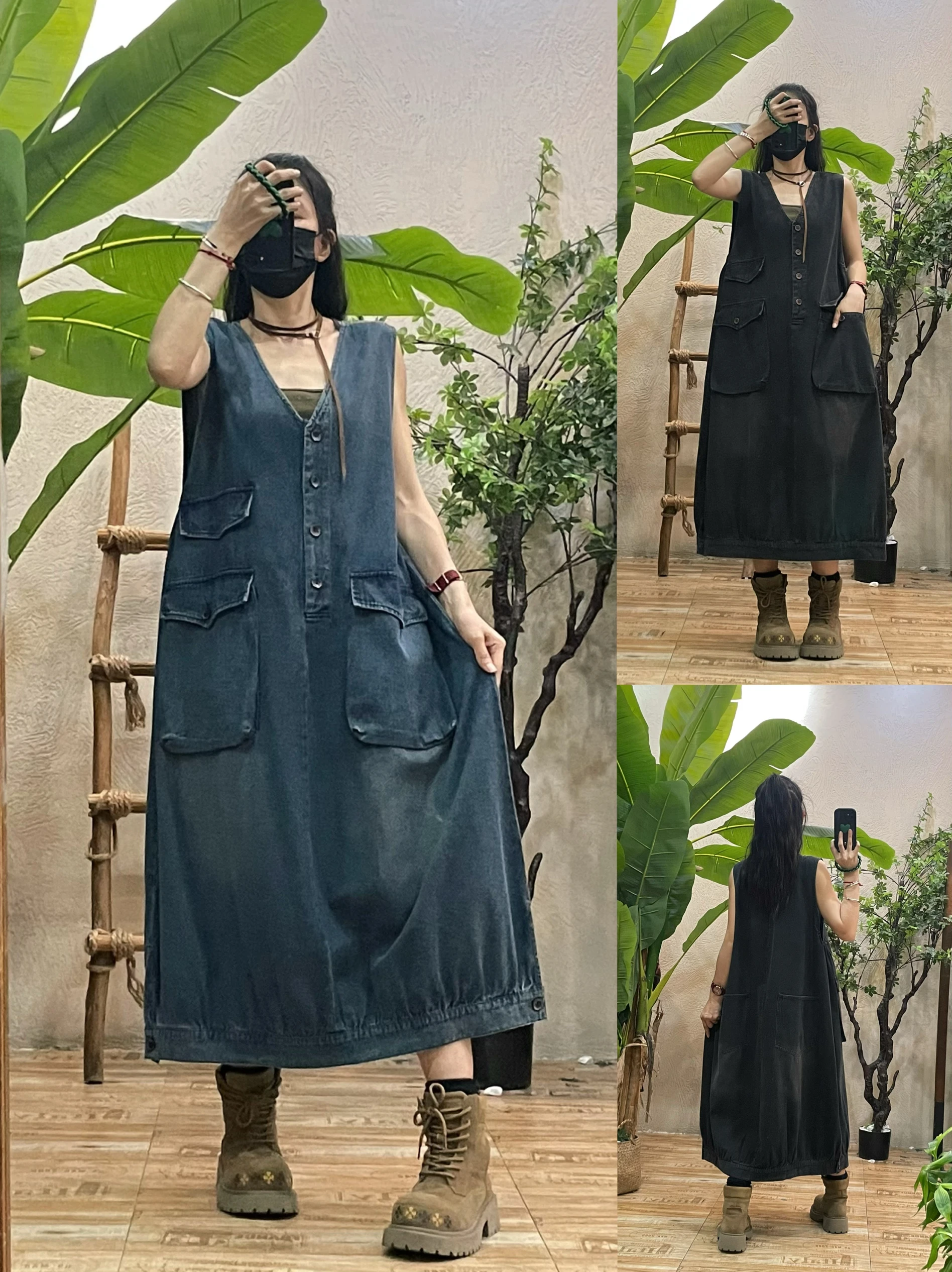 

Джинсовое платье в стиле ретро с v-образным вырезом, женская свободная повседневная утягивающая рабочая одежда, юбка с высокой талией, хлопковая осенняя новинка, трапециевидной формы Dr