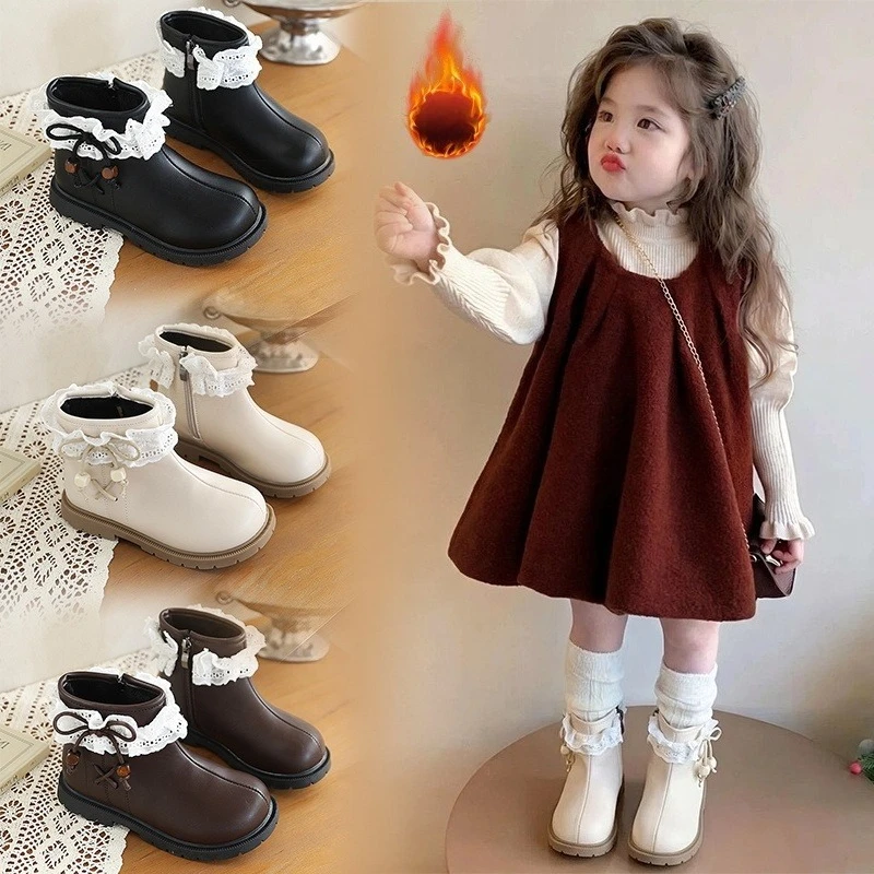 JGSHOWKITO Little Girls Ankle Boots Winter Lace Ruffle Bow Children Cotton Boots Side Zipper Non Slip Kids Princess Plush Boots