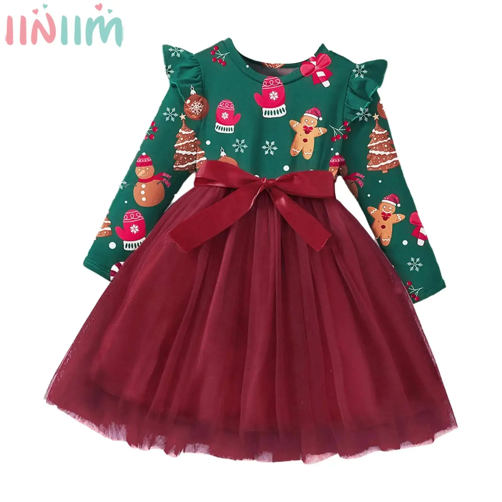 Kids Girl Christmas Princess Dress Long Sleeve Xmas Print Mesh Tutu Dresses for New Year Party Festival Daily School Photography