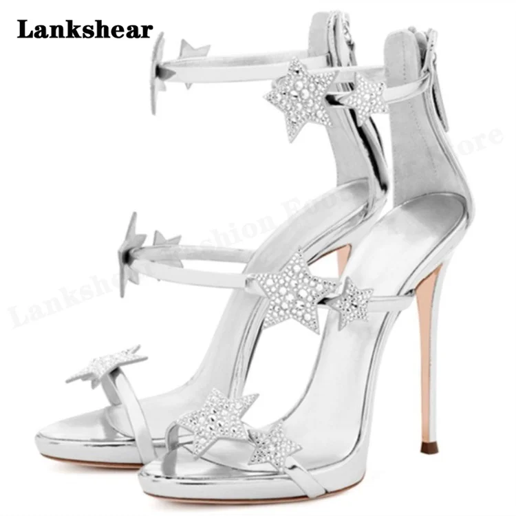 

Star Rhinestone Stiletto High-Heeled Women's Sandals Back Zipper High-Heeled Sandals Thin Heel Elegant Fashion Open Toe Shoes