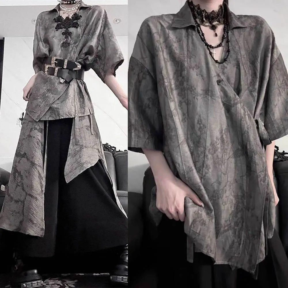 

Summer New Men's Ink Painting Short-Sleeved Shirt Chinese Retro Fashion Unisex Trend Loose Casual Breathable Niche Men's Tops