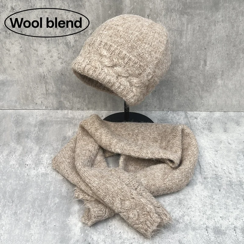Women Winter Knitted Hat Scarf 2 Pcs Set Warm Ear Protection Beanie Cap Neck Scarf Solid Color Soft Thick Outdoor Cold Weather