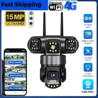 Cámara IP WiFi de tres lentes 4G SIM HD 15MP para exteriores impermeable intercomunicador bidireccional a todo Color visión nocturna PTZ CCTV V380 PRO cámara