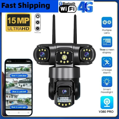 Cámara IP WiFi de tres lentes 4G SIM HD 15MP para exteriores impermeable intercomunicador bidireccional a todo Color visión nocturna PTZ CCTV V380 PRO cámara