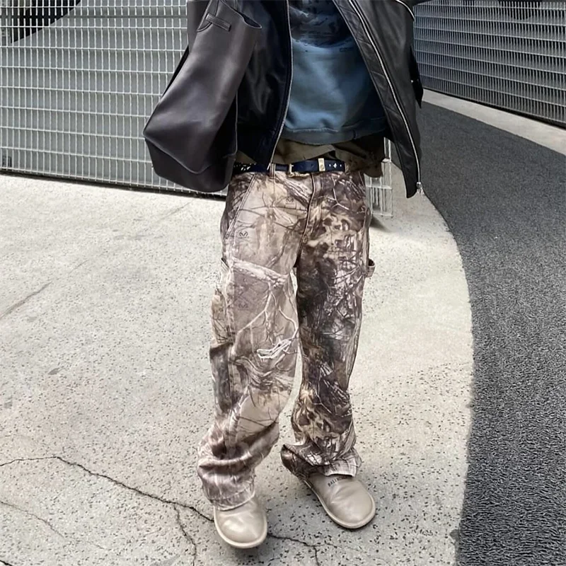 High Street ERD Camo Pants Men Distressed Washed Jeans Casual Cargo Pant Y2k High Quality Jean Men Trouser