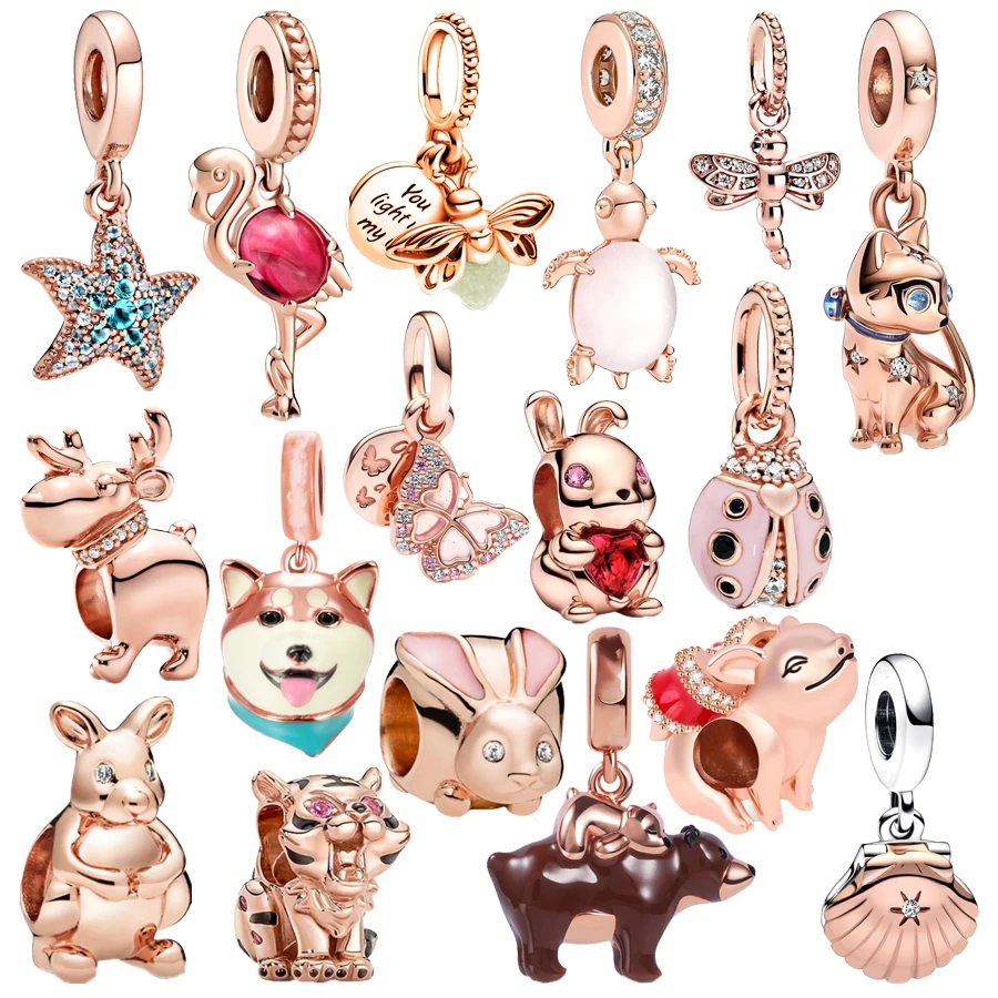 

Rose Gold Plated Animal Series Dog Tiger Turtle Dangle Charm Beads Fit Original Pandora 925 Sterling Silver Bracelet DIY Jewelry