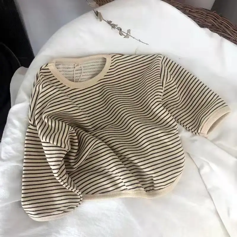 Spring Kids Striped Long Sleeves T-shirt Toddler Girl Loose Bottoming Shirt Boy Baby Casual Tops Fashion Children Cotton Tees