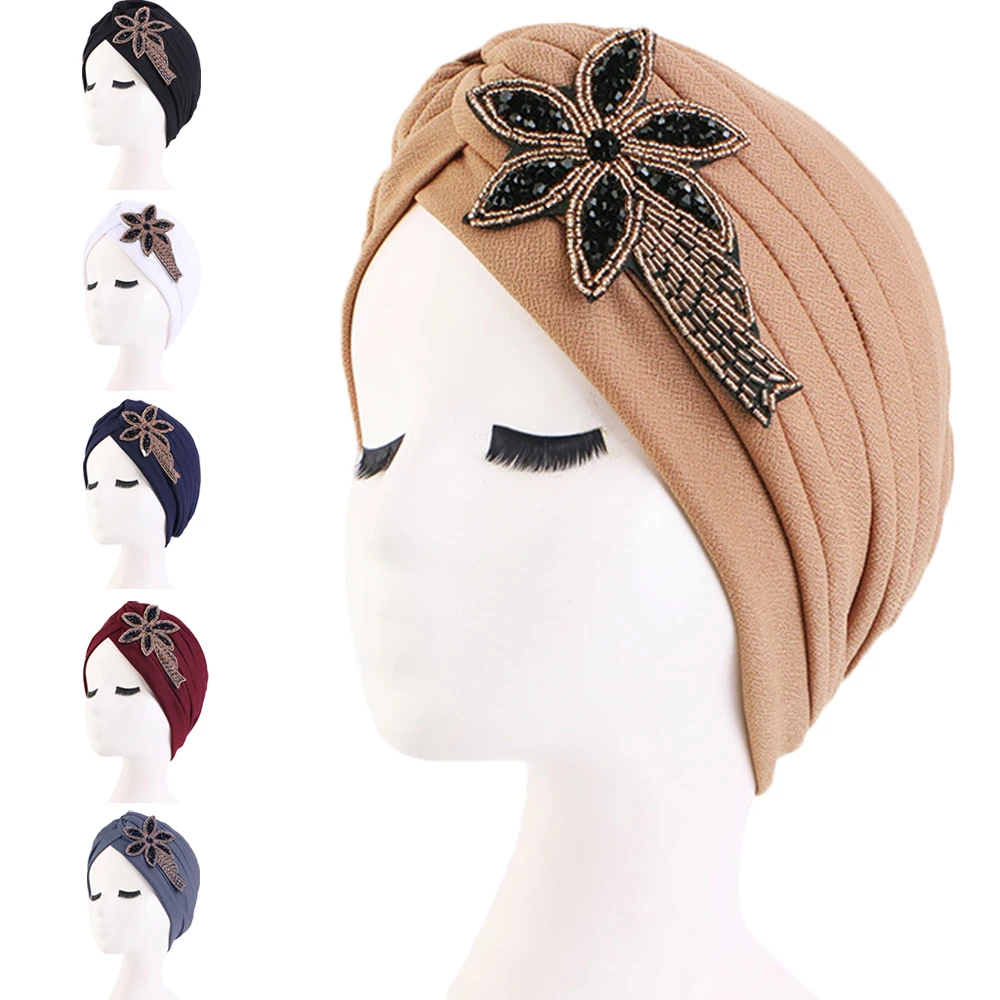 Elegant Bead Flower Beanies Inida Hat Muslim Rhinestone Hijab Scarf Women Turban Hats India Cap Inner Islamic Wrap Head Scarves