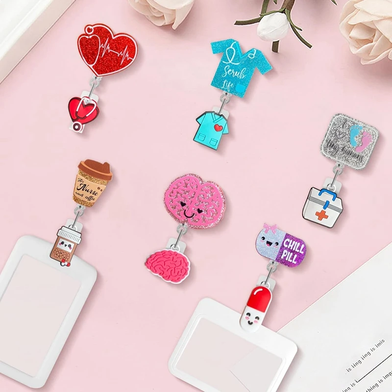 بكرة ممرضة لامعة ، حامل علامة اسم الممرضة ، مشبك قابل للسحب ، حامل بطاقة هوية للتمريض المضحك ، 6 * *