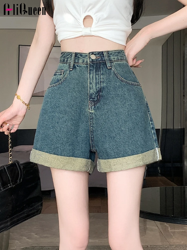 

Summer Women Streetwear Wide Leg Thin Curled Short Jeans Female Harajuku Vintage Casual High Waisted Patchwork Denim Shorts 3XL