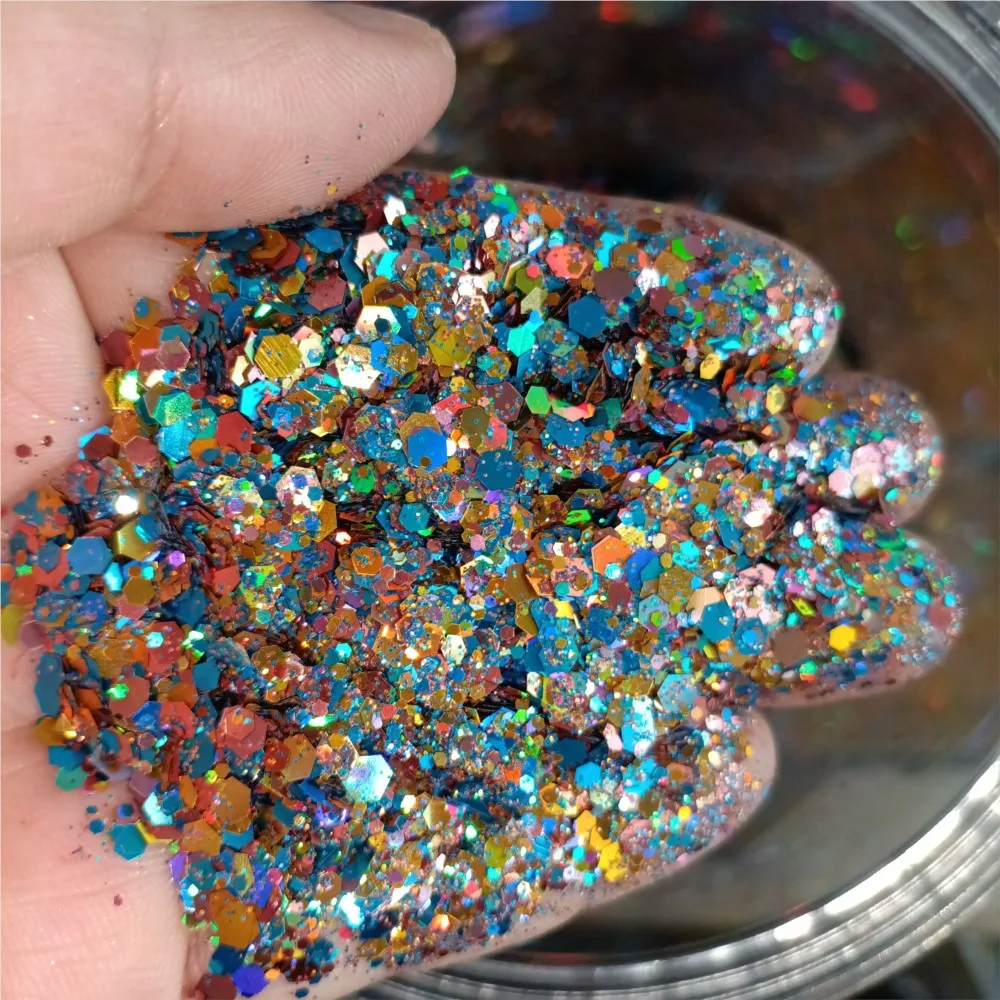 50g/Pack Holographic Chunky Nail Glitter Sequins Iridescent Mixed Hexagon Sparkly Slice Flakes Body/Eye/Manicure Glitter Powder