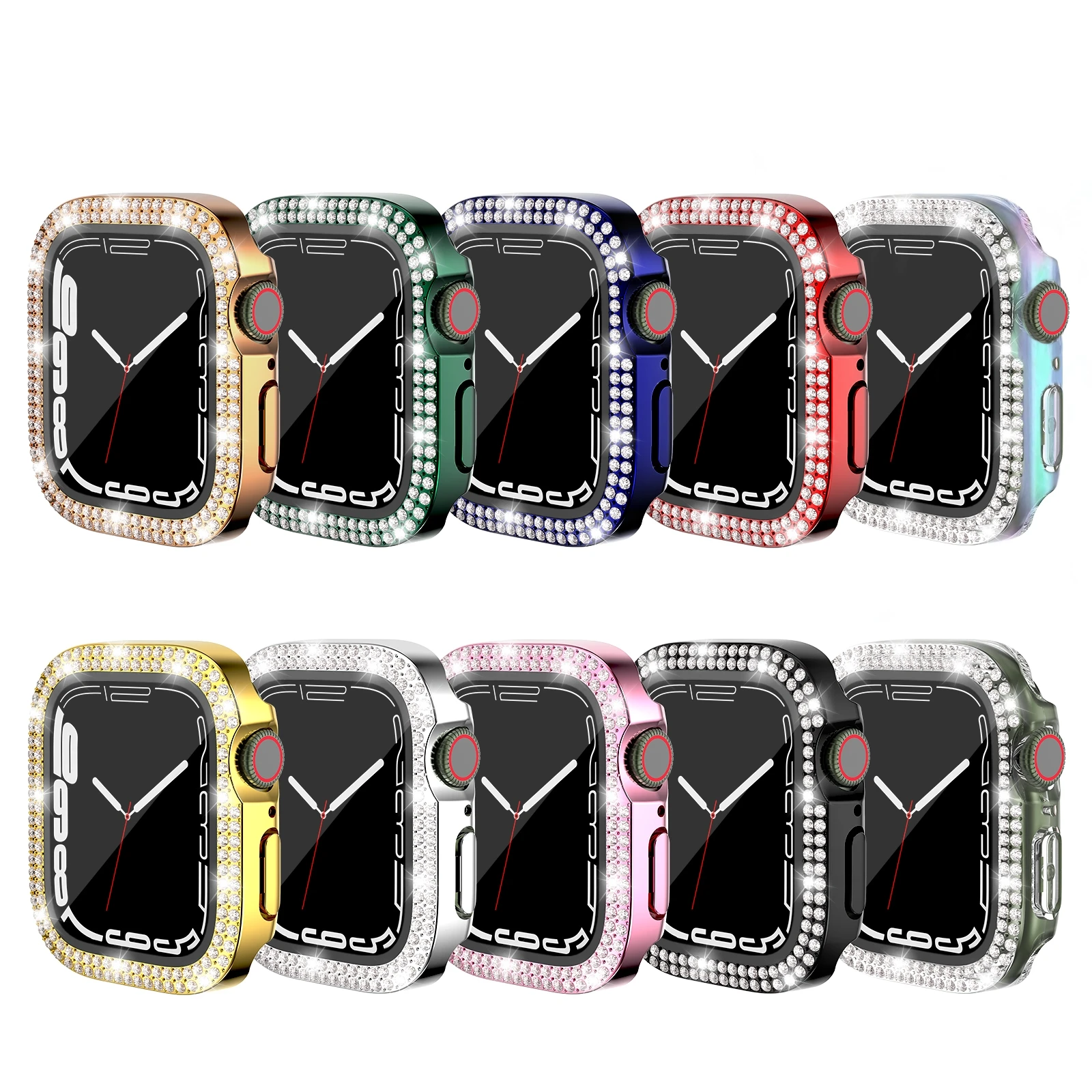 Cubierta de diamante para funda de Apple watch, Protector de pantalla de parachoques de vidrio templado de 45mm, 44mm, 41mm, 40mm, 42mm, 38mm, serie