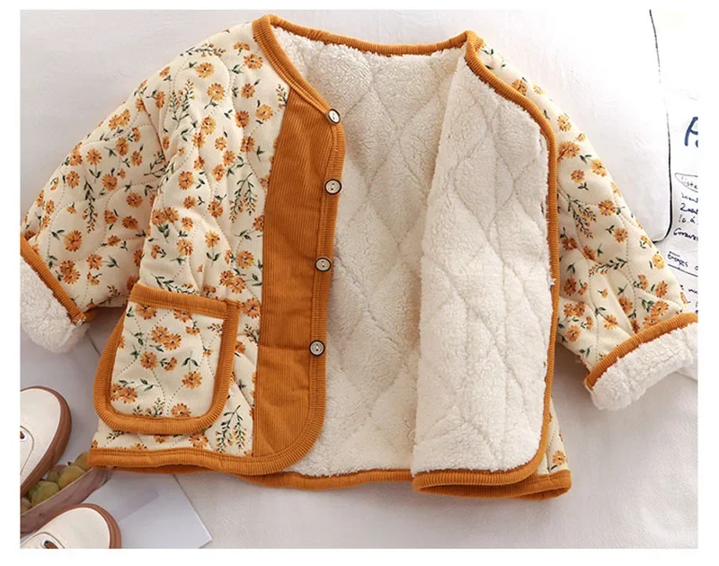 2024 New Winter Kids Padded Clothes 2-10 Y Girls Cute Floral Fleece Lining Coat Boys Warm Loose Jacket Childrens Outwear