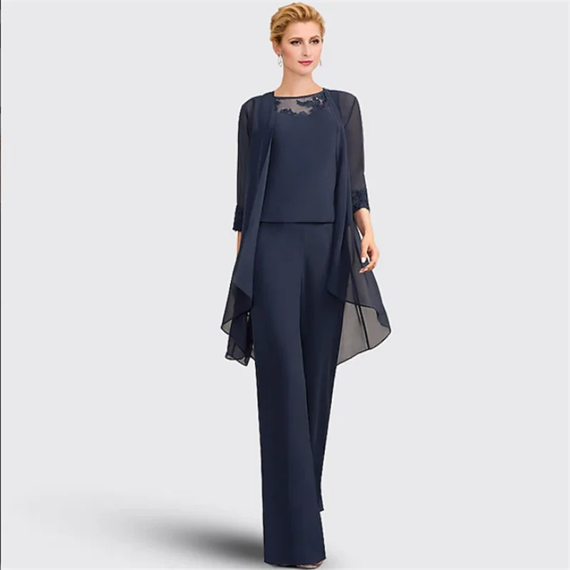 

Pantsuit 3 Piece Mother of the Bride Formal Wedding Guest Elegant Plus Size Jewel Neck Floor Length Chiffon Lace Sleeveless