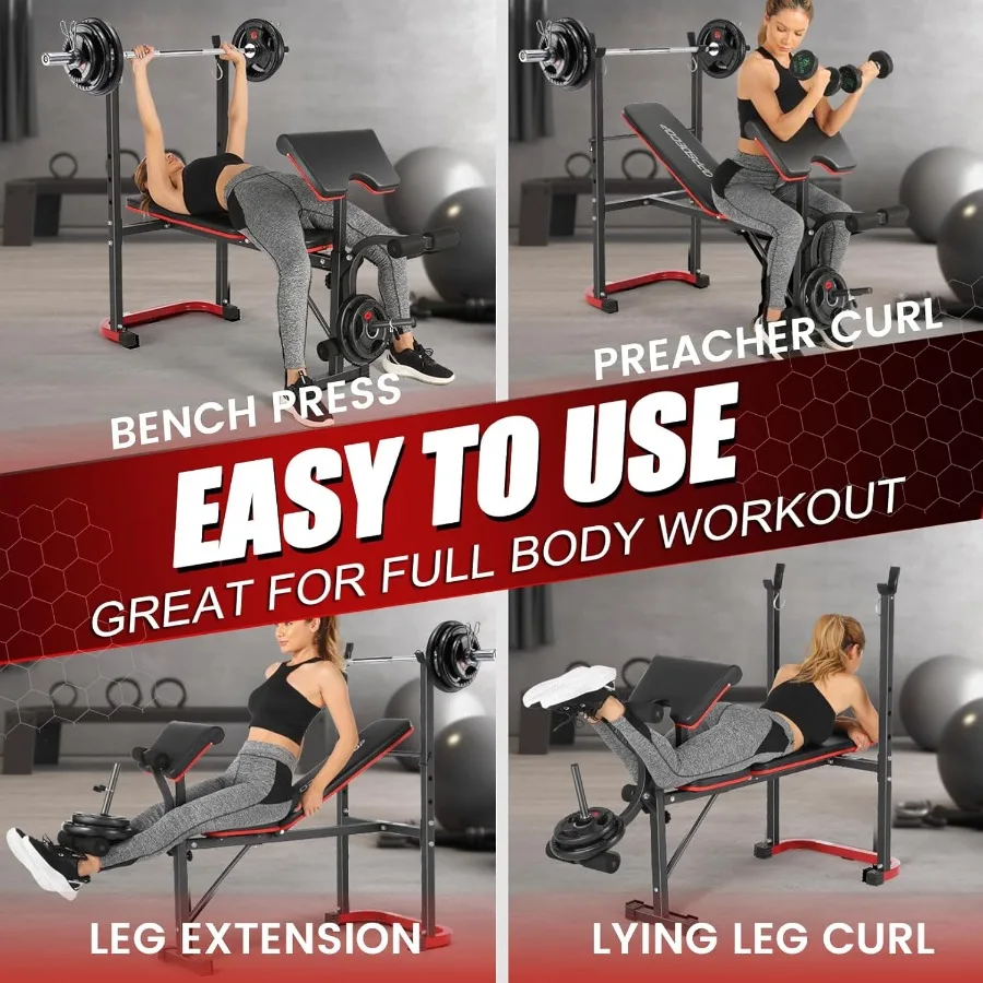 مجموعة مقاعد البدلاء القابلة للتعديل مع وسادة تجعيد لمطور الساق، مجموعة ضغط كاملة الجسم مع رف القرفصاء لصالة الألعاب الرياضية المنزلية #4