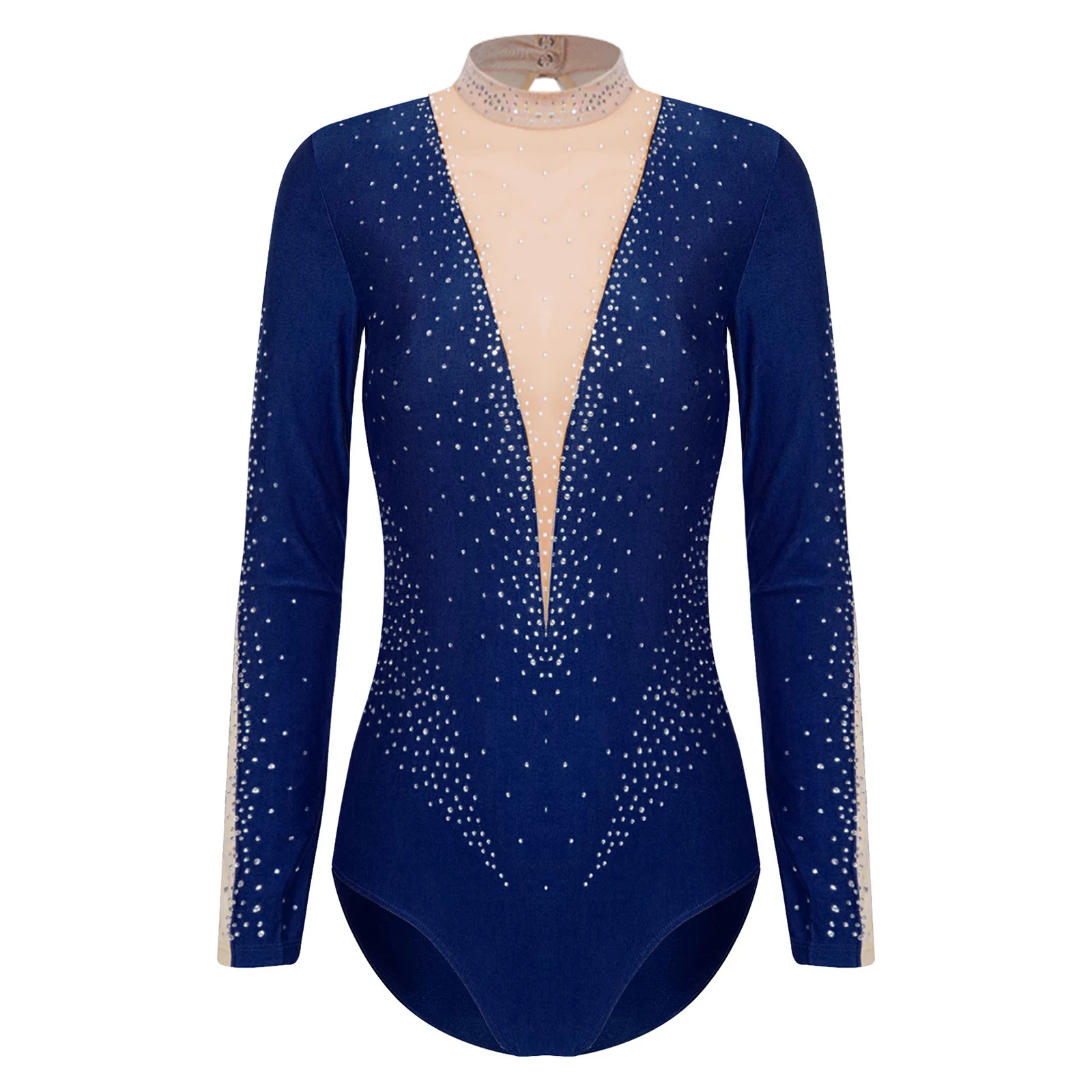 Womens Figure Skating Gymnastics Leotard Rhinestones Long Sleeve Ballet Dance Bodysuit Competition Stage Performance Dancewear