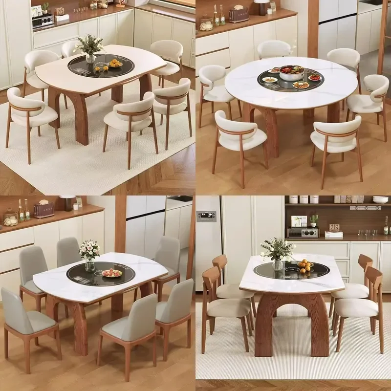 Medieval Solid Wood Dining Table with Induction Cooker Multifunctional Square Round Dual Purpose Warm Vegetable Board Walnut