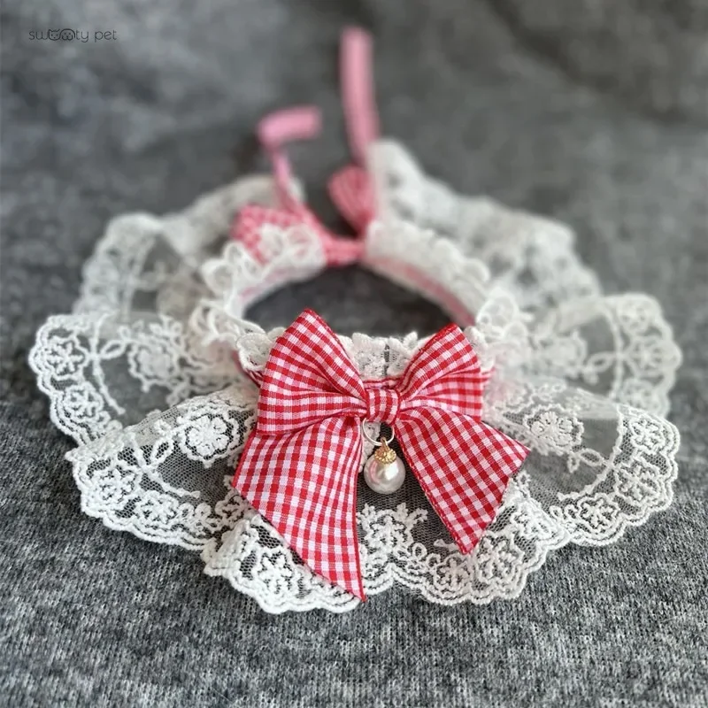 Fashion Bowknot Pet Collar Cute Lace Mesh Embroidery Pet Bib Burp Cloth Lovely Dog Cat Necklace Neck Strap for Small Medium Dog